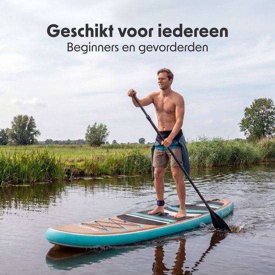 LifeGoods PaddlePro SUP Board - Opblaasbaar Paddle Board - Complete Set - Max. 150KG - 320x81cm - Hout/Blauw
