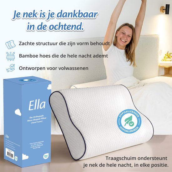 Ella Wave-Hard Orthopedisch Hoofdkussen voor Rug en Zijslaper - Ergonomisch Neksteun Kussen van Traagschuim - Slaapkussen Nekklachten 60 x 40 cm - Wit