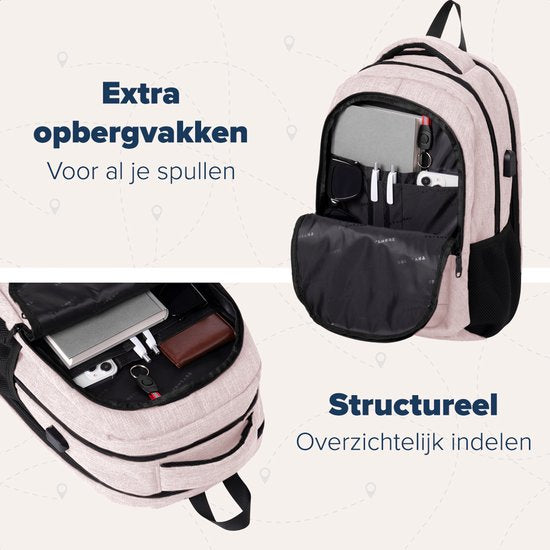 TRVLMORE Rugzak met Levenslange - Rugtas met 15,6 Inch Laptopvak - Schooltas - Spatwaterdicht - Heren en Dames - Jongens en Meisjes - 28L - Roze