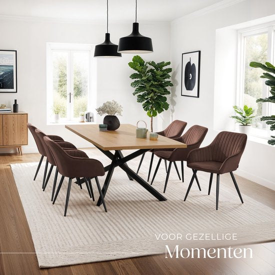 tectake® Eetkamerstoel Marilyn - Gestoffeerde Stoel in Fluweellook - Stikpatroon - Zwarte Stoelpoten - Ergonomische Keukenstoel - Met Doorlopende Rugleuning en Armleuningen - Stoel voor Woonkamer, Eetkamer, Slaapkamer - Bruin
