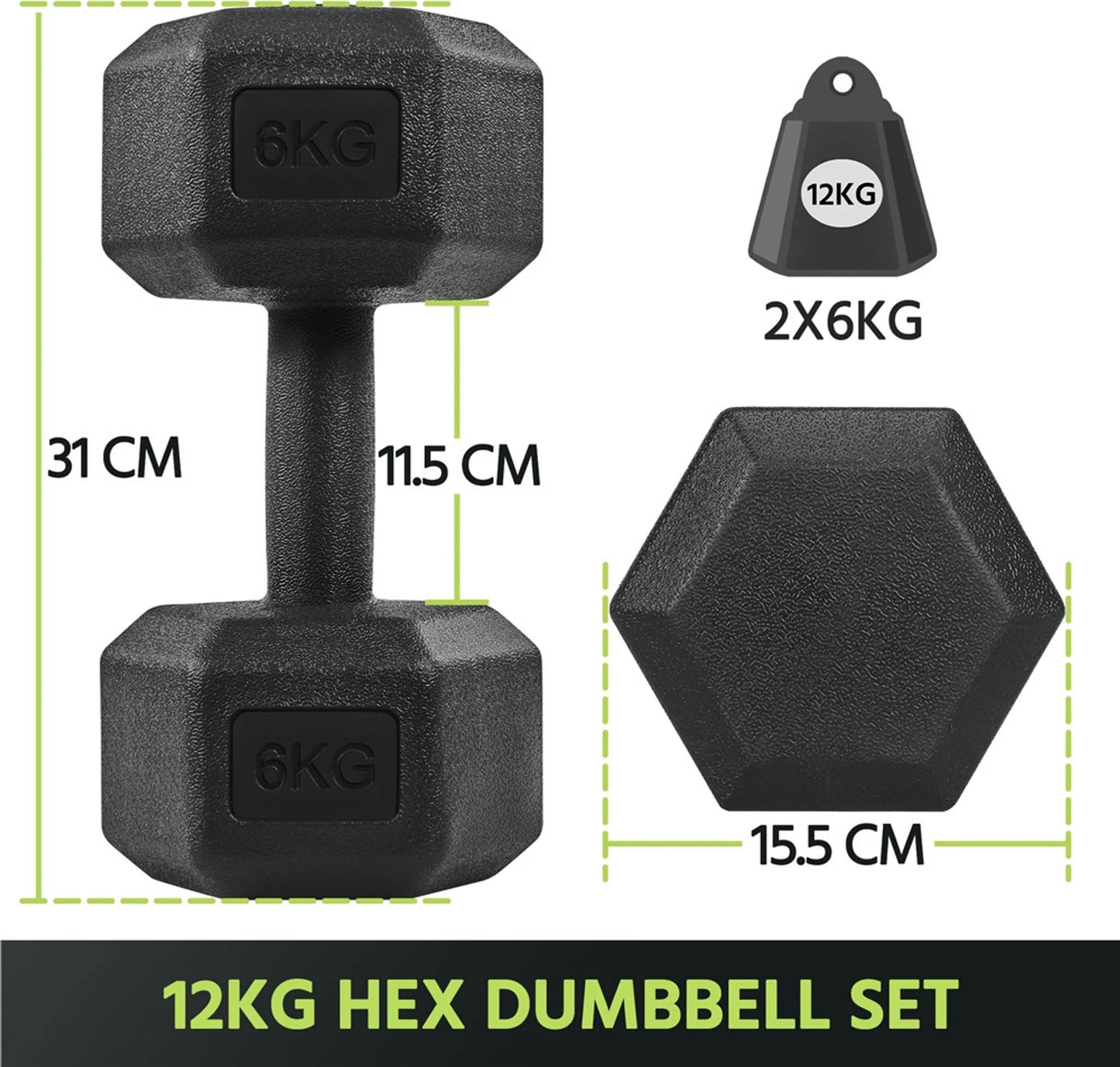 Yaheetech Halterset 2 Stuks – 12 kg – Voorzien Van Zeshoekig Anti-Rol Ontwerp En Vloerbeschermende Kunststof Coating En Ergonomische Handgreep – Voor Krachttraining En Cardio – Zwart Beton En Metaal – 31 x 15,5 x 14 cm