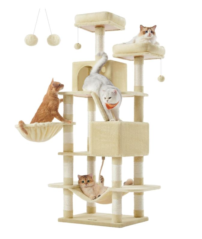 JoyFurnos Krabpaal XXL 168 cm - Kattenboom met 13 Krabpalen, 2 Kattenholen, Hangmat en Mand - Beige
