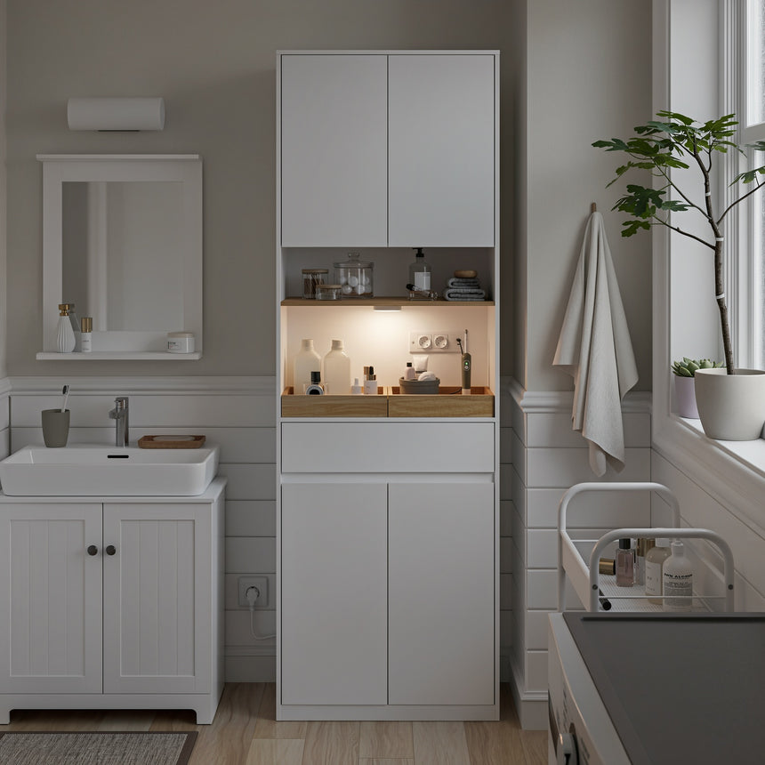 SoBuy Badkamerkast met LED, Stopcontact & Wasmand – 60 x 30 x 180 cm – 85 kg Draagkracht