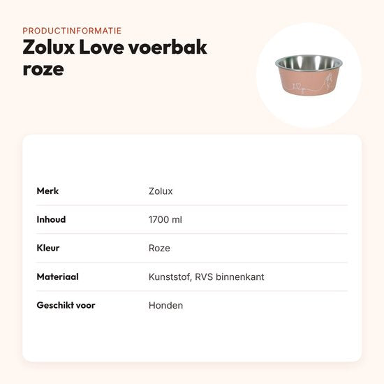 Zolux Love Voerbak Hond - RVS Binnenkant - Roze - 1700 ml