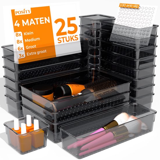 Posity Lade Organizer - 25 Stuks - Organizer Bakjes - Lade Bakjes - Opbergbakjes - Make-up Organizer - Voor Keuken, Badkamer & Bureau - Kunststof - Zwart Transparant