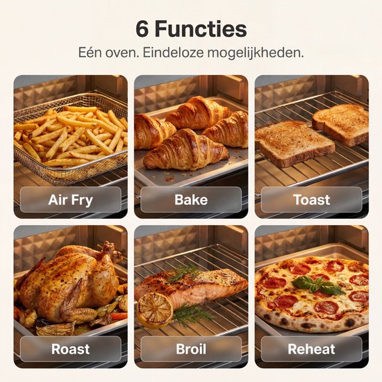 Safecourt 6-in-1 Airfyer oven - 100% PFAS-vrij - 6 programma’s - 80 tot 230 graden - Airfryer, bakken, roosteren, toasten, grillen & opwarmen - Zwart