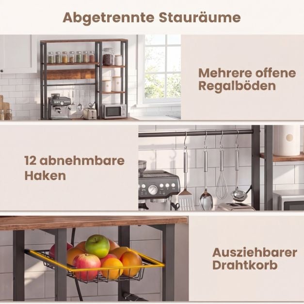 Coast 6-laags Keukenrek met Stopcontact - Magnetronrek met Uittrekbare Draadmand, 12 Haken en USB, 99 × 40 × 170 cm - Rustiek Bruin/Zwart