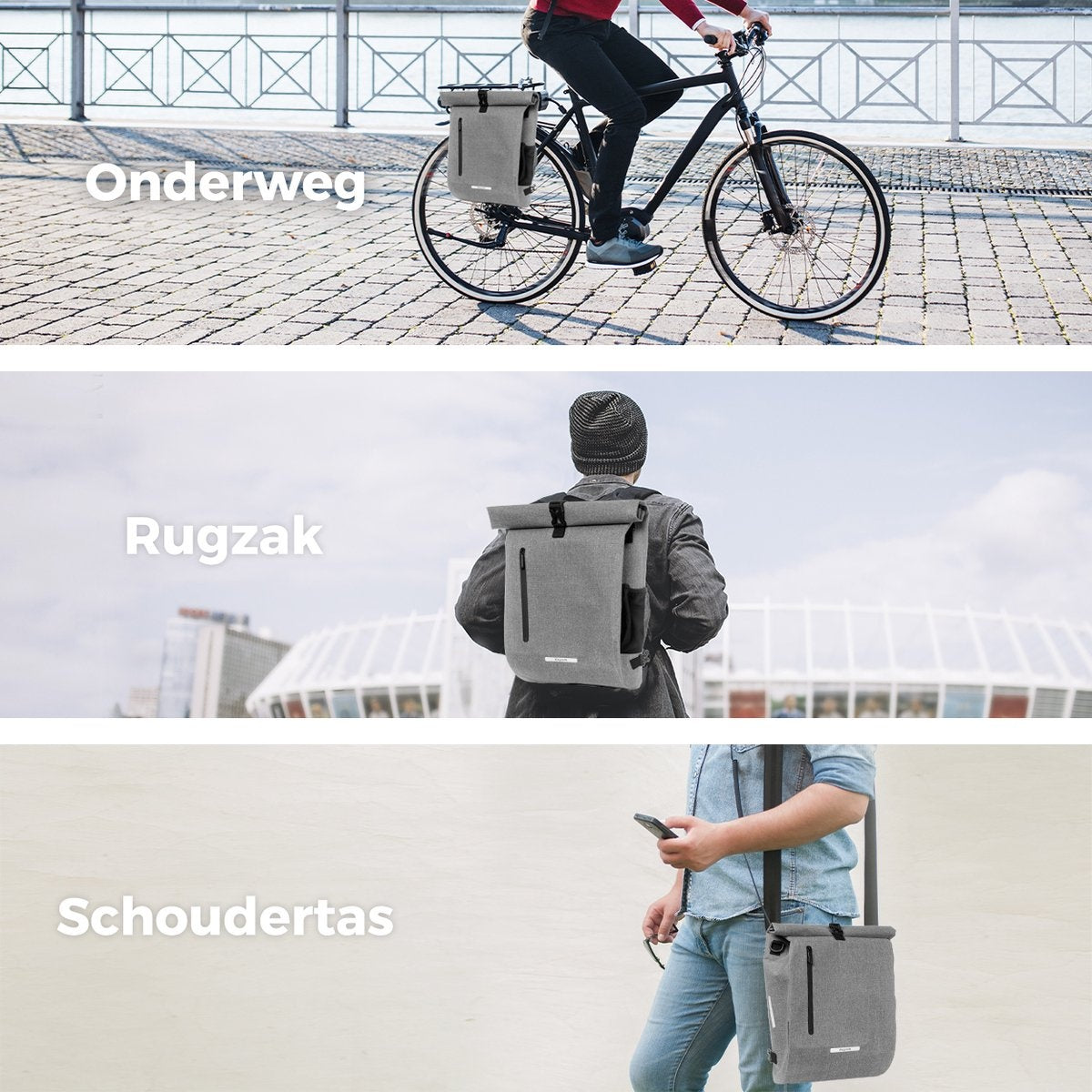 LifeGoods Enkele Fietstas - Compact - Schoudertas en Rugtas - 25L - Ronde Bagagedragers - Waterdicht - Grijs