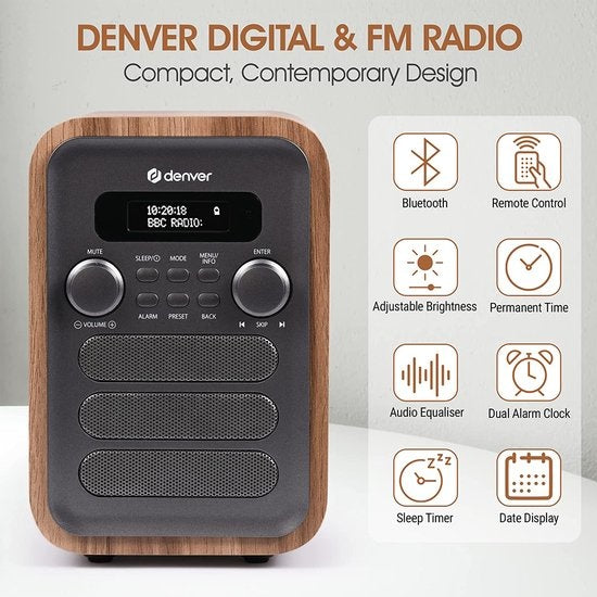 Denver DAB Radio - Retro Radio - Bluetooth - DAB+/ FM Radio - DAB48G
