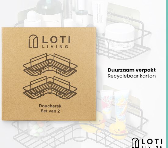 Loti Living Doucherek Zonder Boren – Hoekvorm – 2 stuks - Doucherek Hangend – Doucherekje zonder boren – Doucherekjes 2 stuks – Doucherek Zwart - Doucherek Aan Douchewand - Plakstrip
