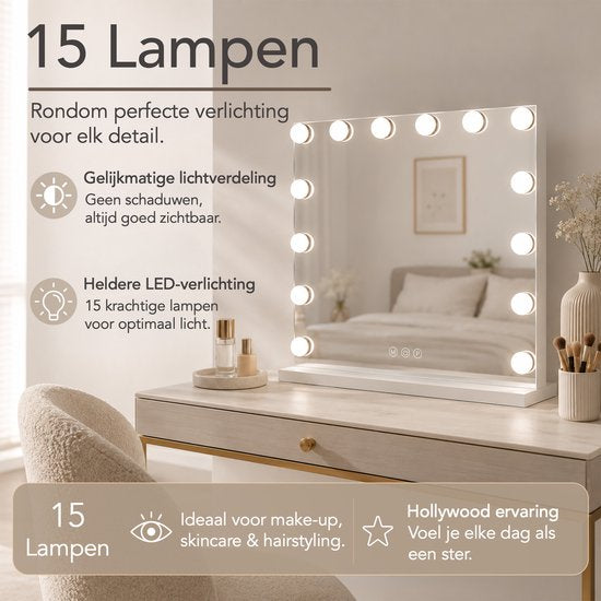 Lumirex Hollywood Spiegel 58x46 cm - Make-up Spiegel met Verlichting - 15 LED Lampen - Dimbaar - 3 Lichtkleuren - Smart Touch - Netstroom - Visagie Spiegel - Wit