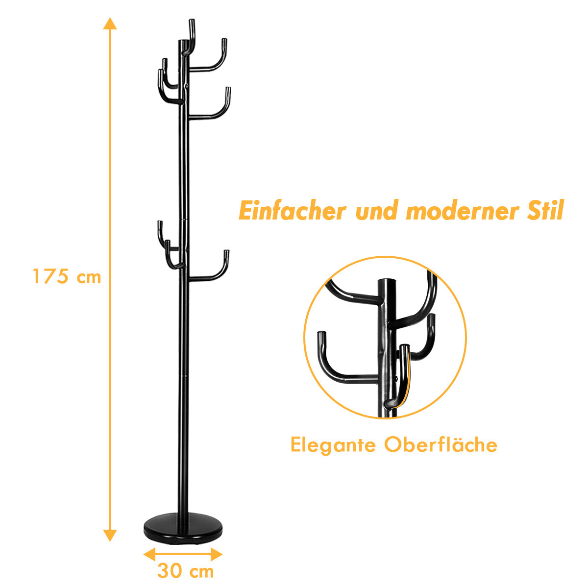 Coast Metalen Kapstok Met 11 Haken En Stabiele Ronde Voet - Zwart - 30 x 30 x 175 cm