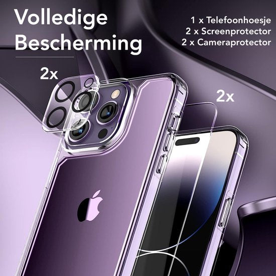 Podec Hoesje Transparant - Bundel met 2x Screenprotector + 2x Cameraprotector - Telefoonhoesje met Beschermglas - Case Doorzichtig - Geschikt voor iPhone 14 pro max