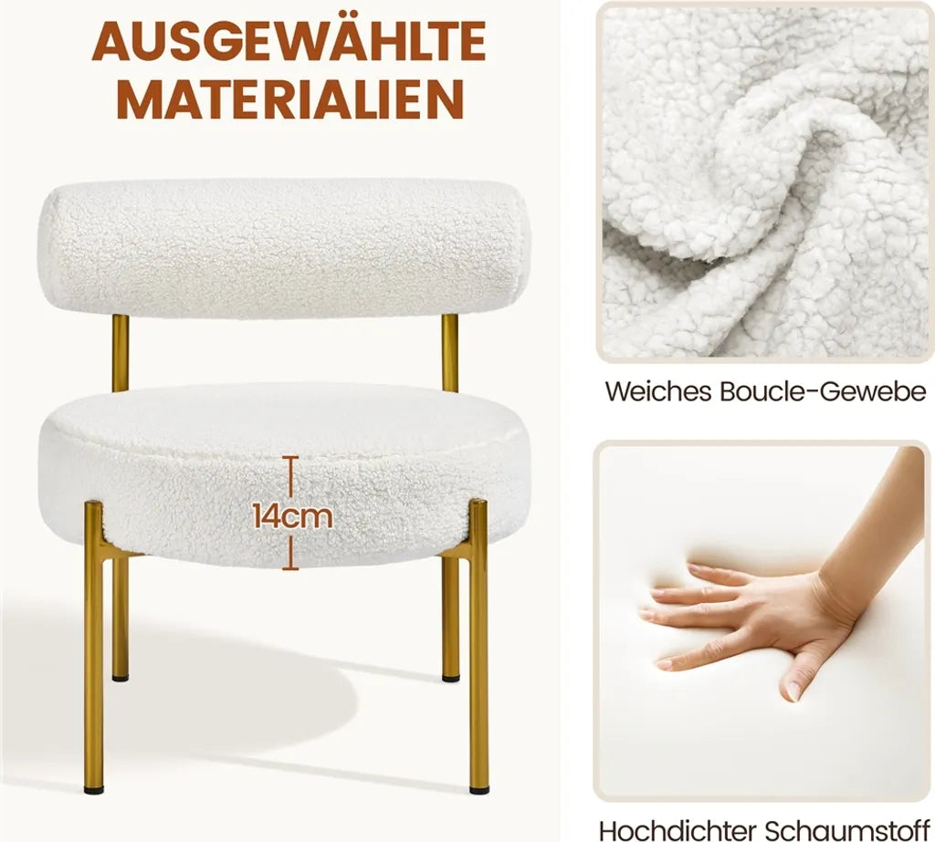 Yaheetech Loungestoel 63 × 58 × 65 cm – Wit Bouclé – Moderne Relaxstoel met Ronde Zitting en Metalen Poten