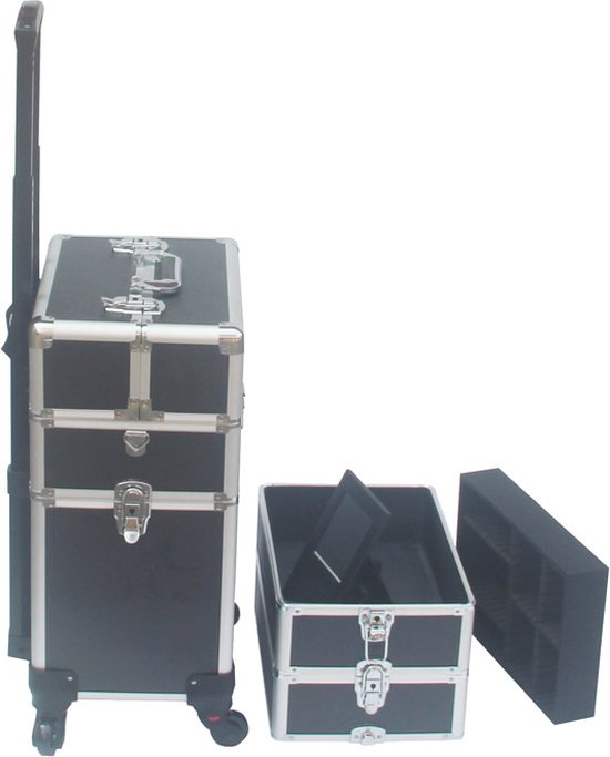 VDD - visagiekoffer - make up koffer - Make up trolley - Kappers koffer - Beautycase - Cosmetica koffer - Met Wielen - Zwart - 26 x 35 x 70cm