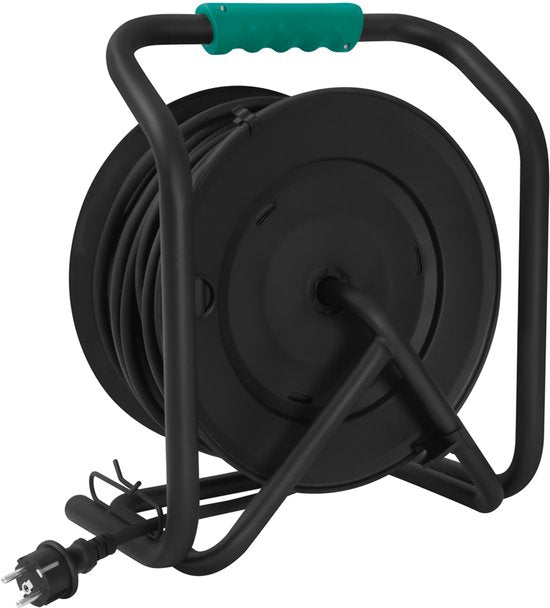 VONROC PRO Kabelhaspel 50m – IP44 – Neopreenkabel H07RN-F 3x1,5 mm² – 4 geaarde Schuko stopcontacten – 3000W (uitgerold)/1100W (opgerold) – Vaste kern – Thermische beveiliging