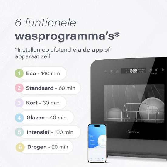 Skoov Mini Vaatwasser met waterreservoir PRO - 3 couverts - 6 wasprogramma's - Zwart
