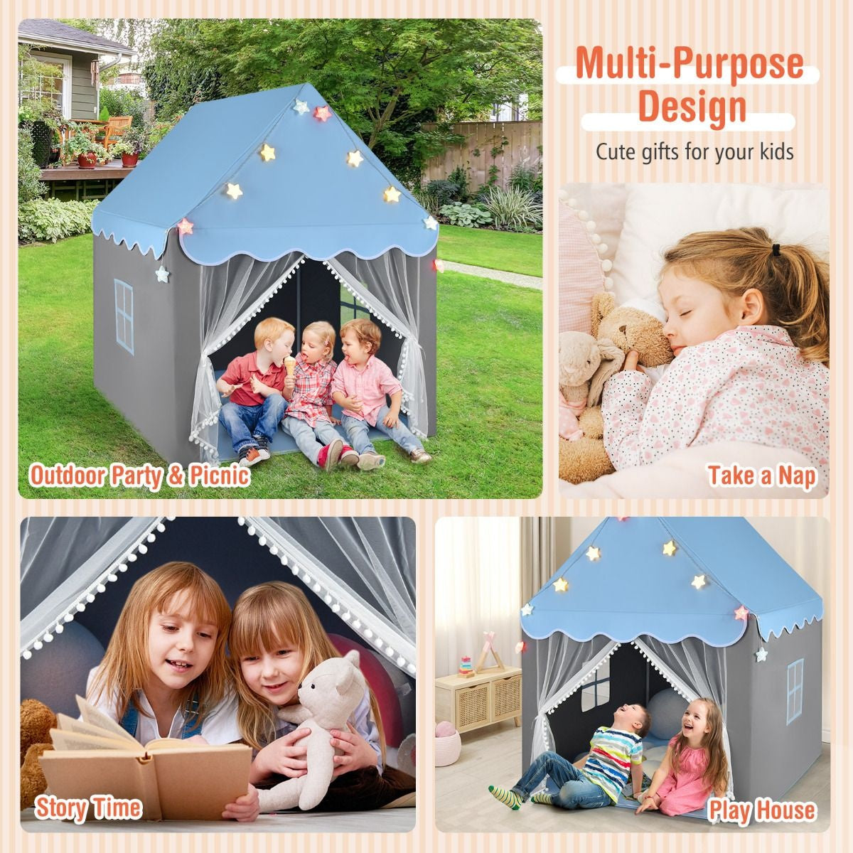 Coast Kinder Speeltent Tipitent - 105 x 121 x 136 cm - Blauw/Grijs