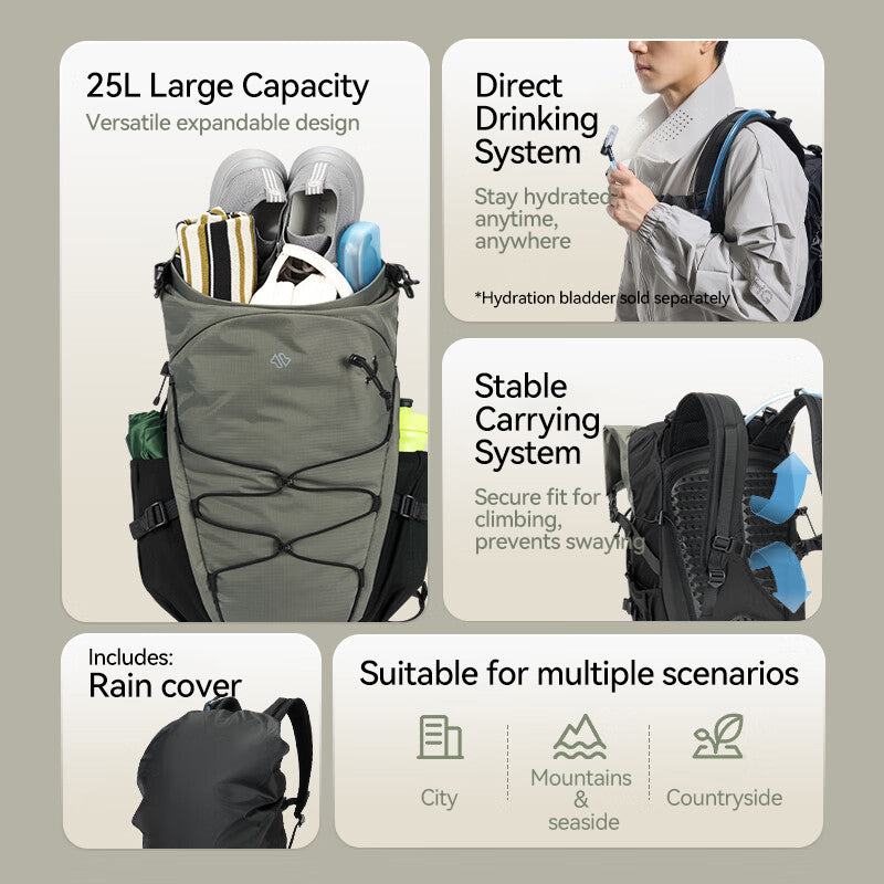 J.ZAO ochama×J.ZAO sportserie wandelrugzak voor buitengebruik, 25 l, ademende rugondersteuning, bewolkt groen