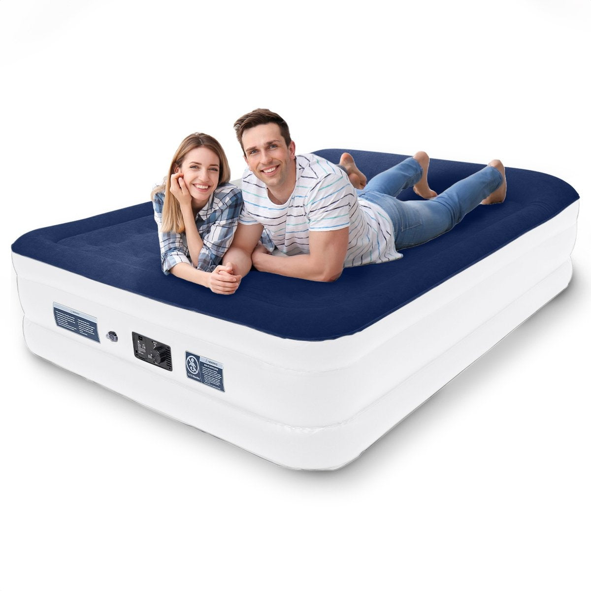 LifeGoods Luchtbed - 2 Persoons - met Ingebouwde Pomp - Incl. Draagtas en Reparatiekit - Wit/Blauw