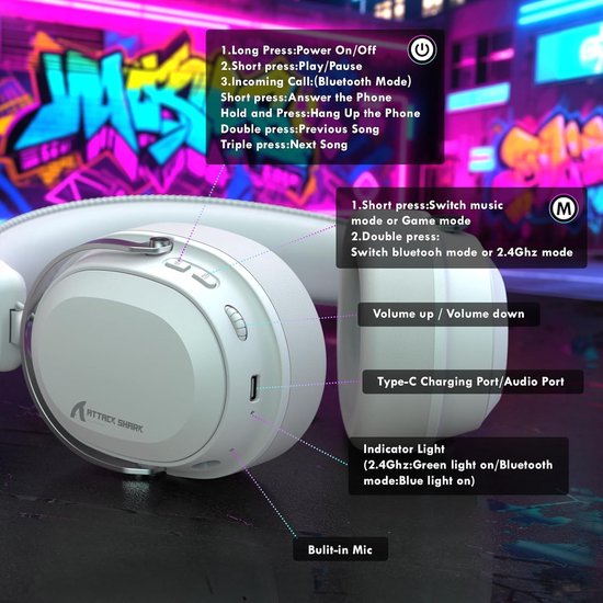 ATTACK SHARK L30PRO Draadloze Gaming Headset - 7.1 Surround Sound - 50mm Drivers - 20ms Lage Latency - Afneembare Microfoon met Ruisonderdrukking - Frame van Aluminiumlegering - Tri-Mode Connectiviteit - Over-Ear Headset - Wit