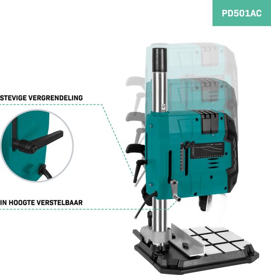 VONROC kolomboormachine 900W – tafelboormachine – digitaal bedieningspaneel met LCD scherm - kruislijnlaser en LED werkverlichting - Incl. snelspanklem, boorklem en parallelgeleider
