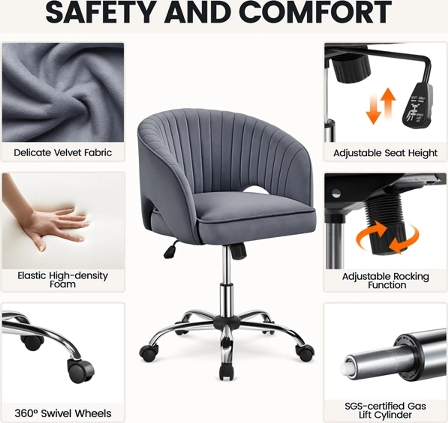 Yaheetech Bureaustoel Fauteuil – 60 x 56,5 x 73-83 cm – Voorzien Van Fluweelzachte Bekleding En Verstelbare Zithoogte En Ontspannende Schommelfunctie – Voor Kantoor En Ontvangsthal – Donkergrijs Polyester En Metaal