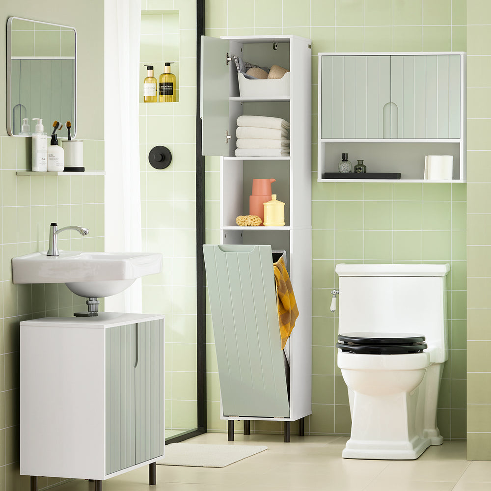SoBuy Hoge Meerlaagse Badkamerkast BZR137-GR - Uitklapbare Wasmand - 31 x 30 x 167 cm - Groen met Wit