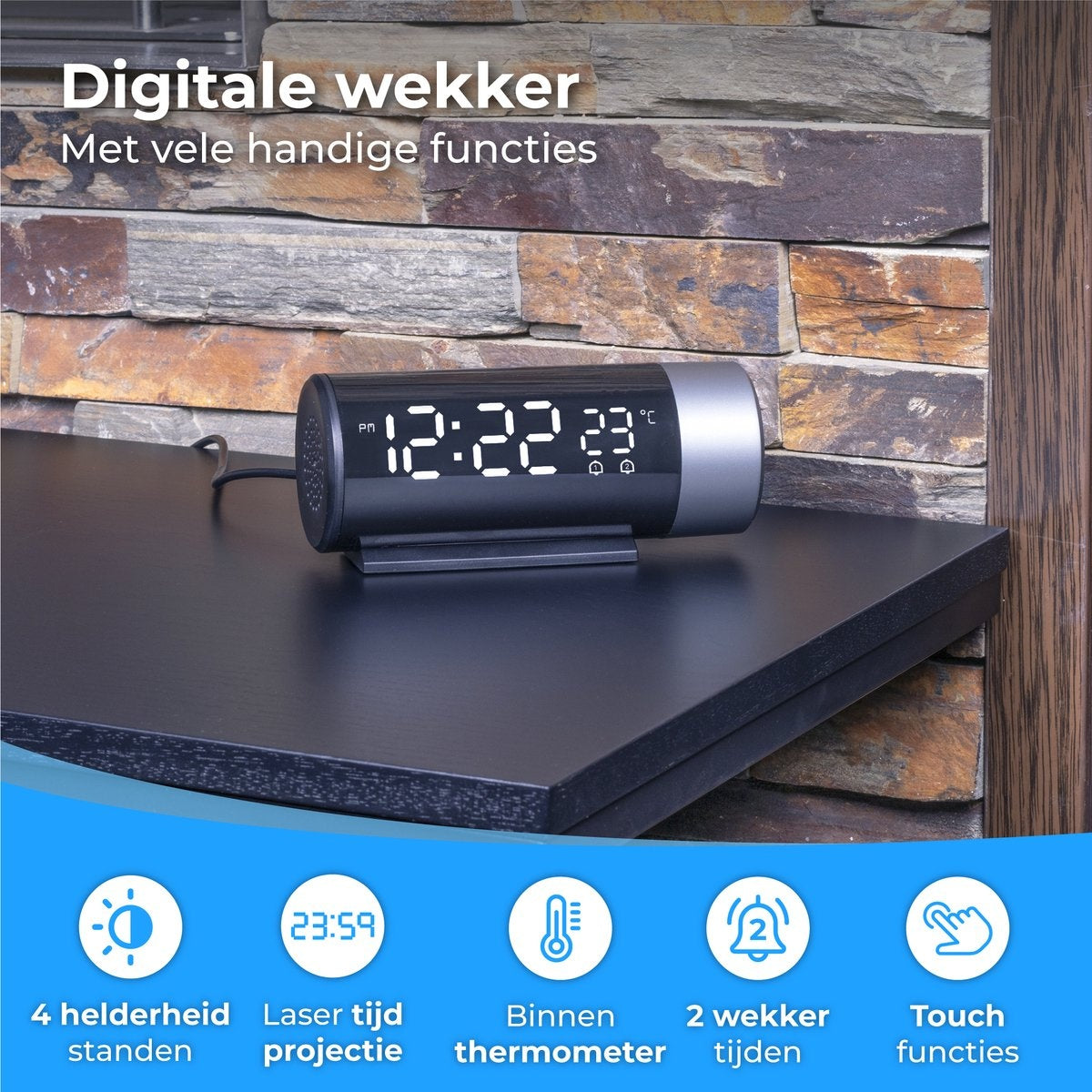 Nuvance Digitale Wekker met Projectie – Dubbel Alarm – Snooze – USB-Oplaadpoort – 15 x 6,8 x 6 cm – Zwart