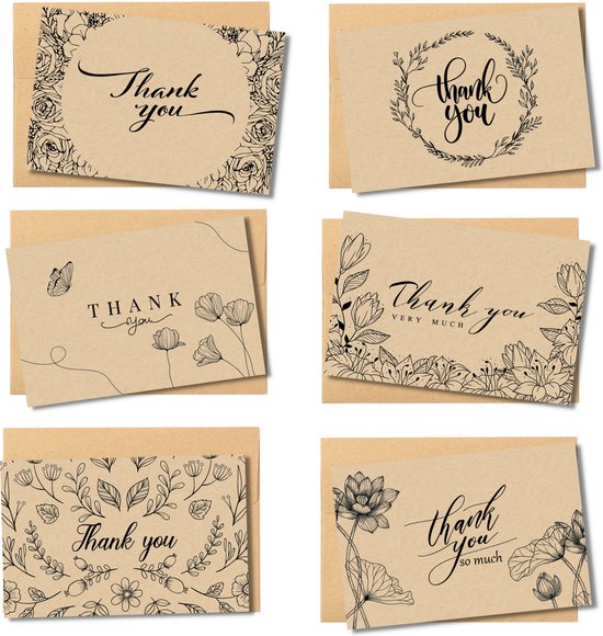 Partizzle 36x Kraft Bedankt Kaartjes Set - Thank You Cards - Wenskaarten - Ansichtkaarten - Kaarten met Enveloppen - 15x10 cm