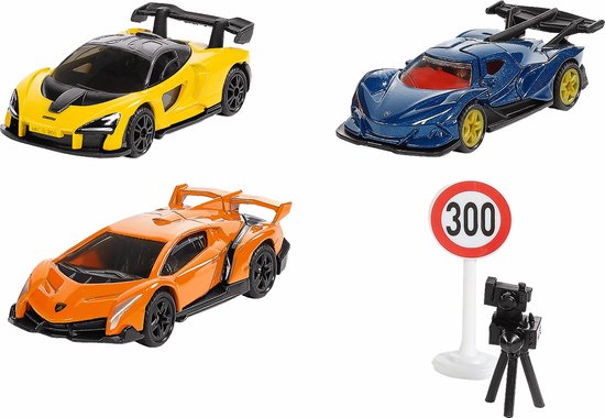 SIKU 6328, Cadeauset Supercars, Lamborghini Veneno, Apollo I.E., McLaren Senna, beweegbare onderdelen, incl. verkeersbord en flitspaal