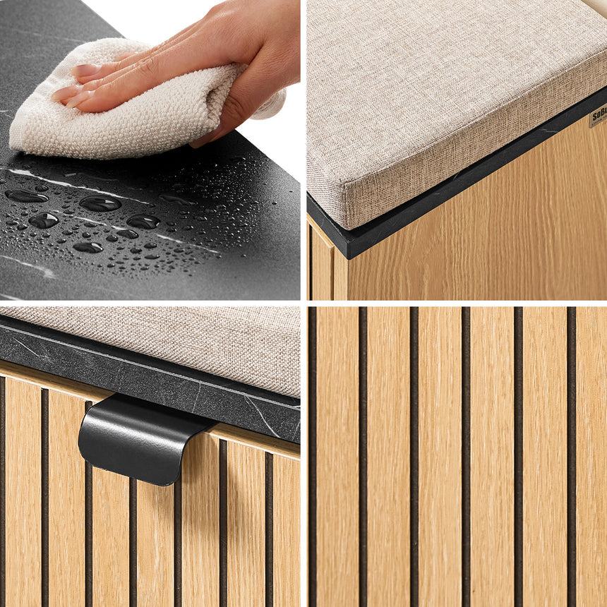 SoBuy FSR201-N Schoenenbank, entree, met gevoerde zitting, comfortabel, inklapbaar, zwart en licht hout, ondersteunt 113 kg, 60 x 24 x 50 cm