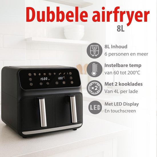 alpina Dubbele Airfryer XXL - Heteluchtfriteuse 2x4L - Air Fryer met Digitaal Touchscreen - Heteluchtoven voor 6 Personen en Meer - 8 Kookprogramma's - Sync-Modus - Timer Functie