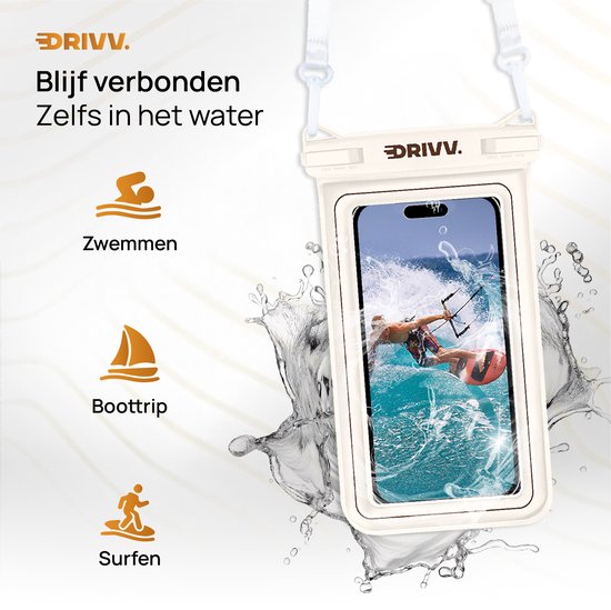 Drivv. Luxe Waterdicht Telefoonhoesje – Drijvend - Dubbele Klipsluiting - Telefoons tot 6.8 inch – Onderwater Hoesje Telefoon - Beige