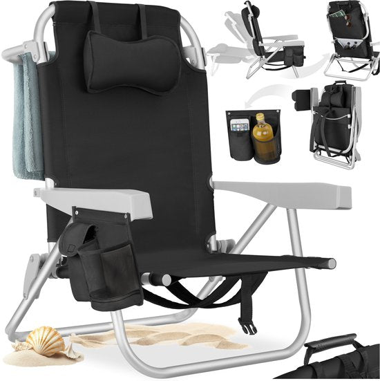 tectake® Strandstoel Coral – Campingstoel met Koeltas & Opbergtas – 5-standen Rugleuning – Zwart