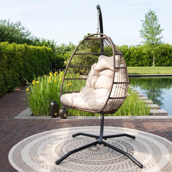 Vita5 Egg Hangstoel – Voor Binnen en Buiten – tot 150kg – Opvouwbaar - Incl. Standaard & Kussen – Cocoon Stoel - Crème Wit