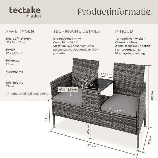 tectake® - wicker tuinbank met tafel, 2-zitsbank, 131 x 61 x 82 cm, bank voor tuinbalkon en terras, tuinbank inclusief zitkussen - grijs/lichtgrijs - poly-rattan