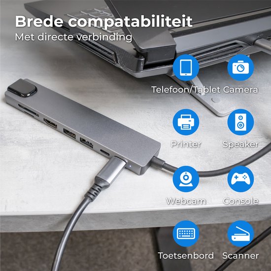 Nuvance - USB C Hub 3.0 – 8 Poorten - USB Splitter met Ethernet - USB C naar HDMI - USB Hub 3.0 - Docking Station Laptop - Micro SD Card Reader - HDMI 4K - Grijs