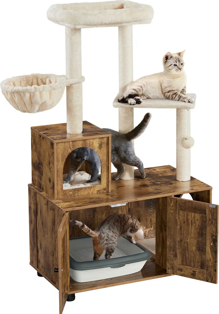 Yaheetech Krabpaal met Kattenbakmeubel 80 x 45 x 134,5 cm - Vintage Bruin/Beige - 2-in-1 Kattenmeubel met Krabpaal en Kattenbak Kast