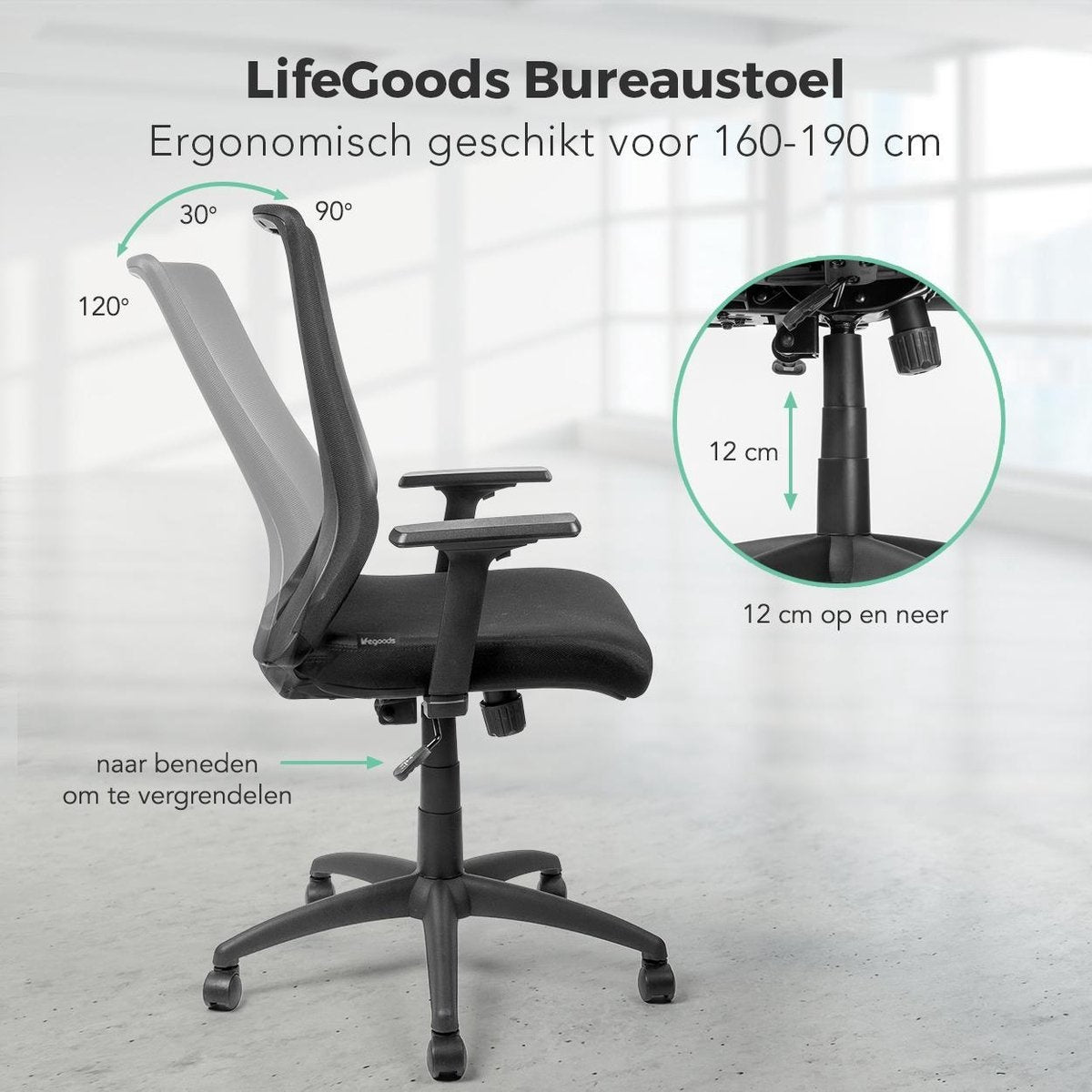 LifeGoods Ergonomische Bureaustoel - Office Chair - Verstelbaar - Volwassenen - Zwart