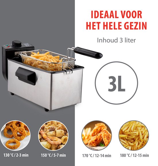 alpina Friteuse - Frituurpan - 3 Liter - 2000 Watt - Roestvrij Staal - Met Thermostaatknop