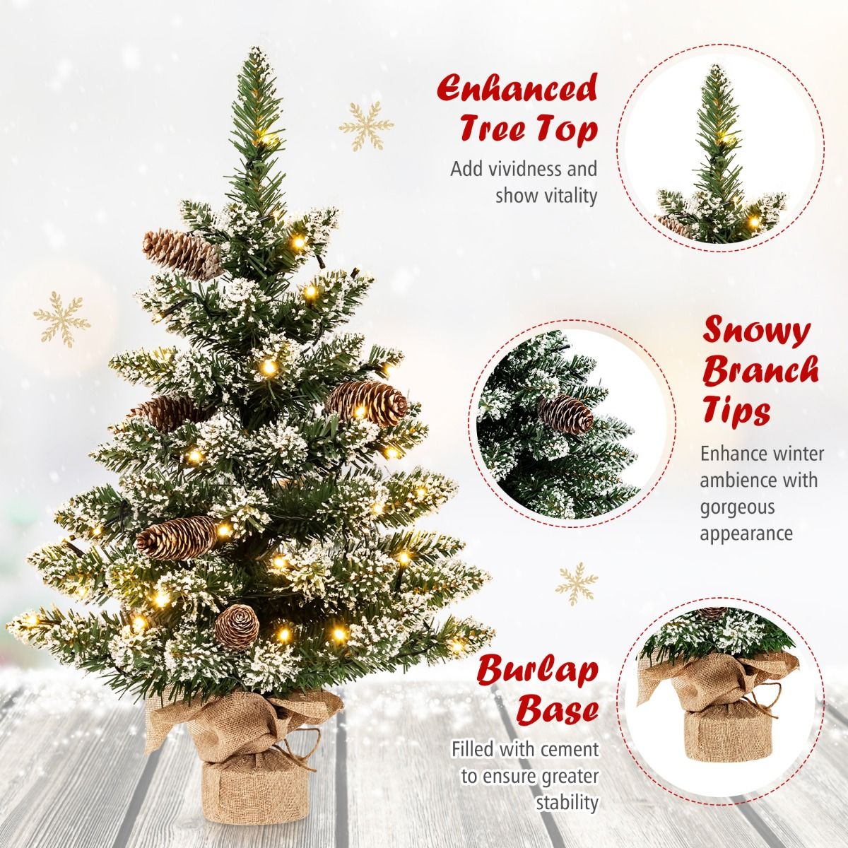 Coast Kunstkerstboom Tafelmodel 64 cm Groen – Mini Kerstboom met Sneeuw – 50 LED Lampjes – 8 Lichtstanden