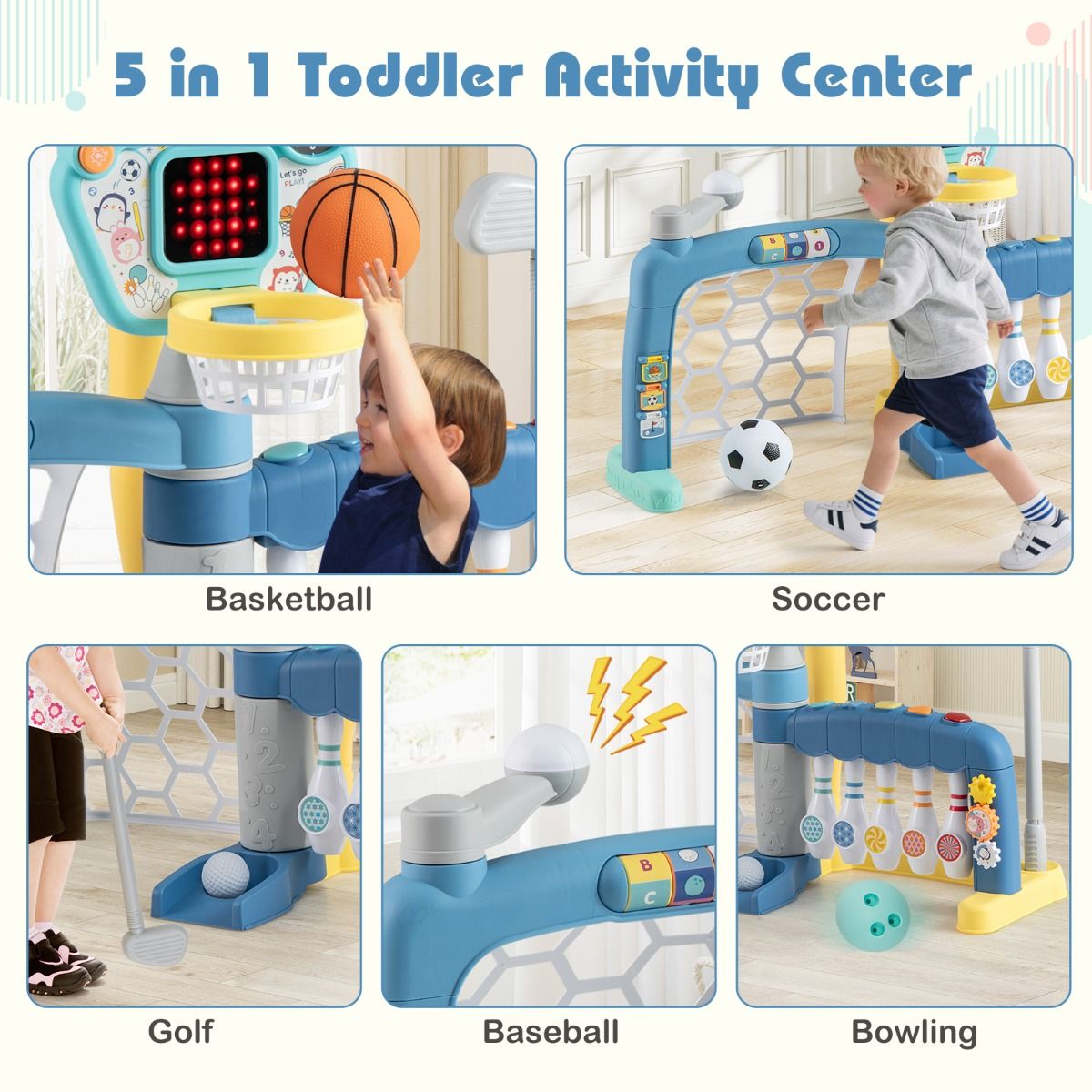 Coast 5-in-1 sportspeelgoed voor peuters - basketbalring, voetbaldoel, golf, bowlen, honkbal - multicolor