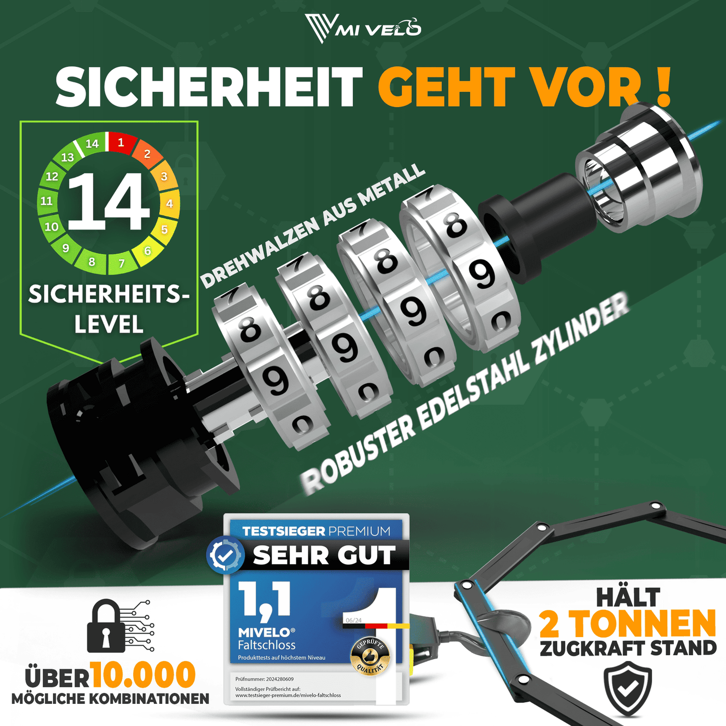 MIVELO Fietsslot NEXUS - Met Cijferslot - Extreem Robuust RVS - 120 cm - Zwart
