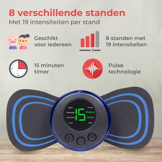 Nuvance - EMS Massage Apparaat met Bediening - 6 Herbruikbare Massage Matjes - Stimuleert Bloedsomloop - Geschikt voor Rug, Armen en Benen - Draadloos - 8 Standen en 19 Intensiteiten - Zwart/Blauw