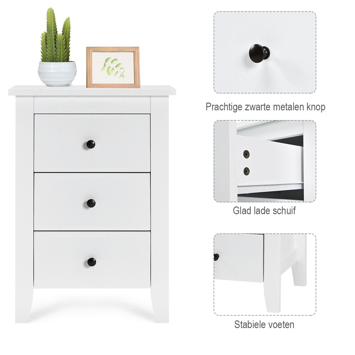 Coast Nachtkastje met 3 Laden Modern – Wit – 46 x 37 x 65 cm – Stijlvol & Ruime Opbergruimte