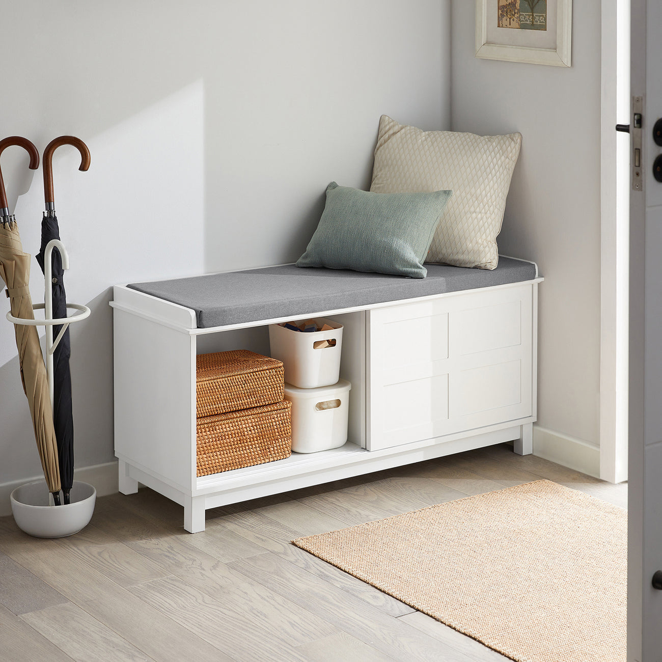 SoBuy Opbergbank met Zitkussen en Schuifdeuren – Schoenenkast voor Hal – Wit/Grijs – 114×40×53 cm