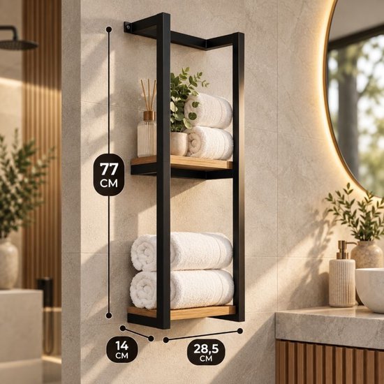 Ceruzo Handdoekrek Wandmontage – 2 Houten Planken – 28,5 x 14 x 77 cm – Zwart