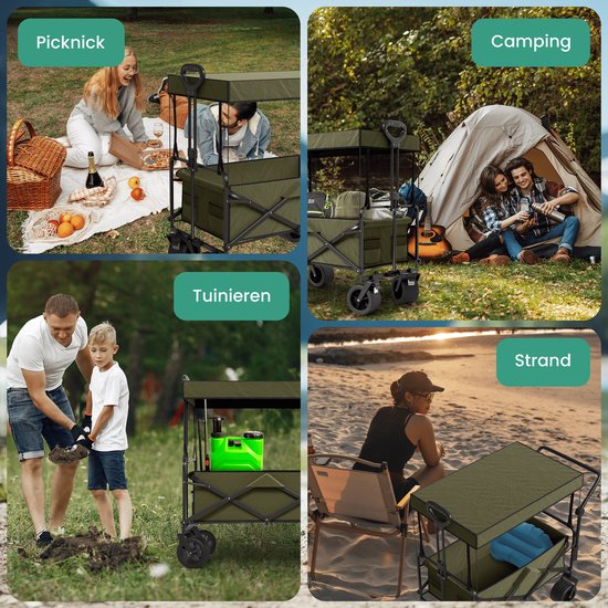 Avalo Bolderkar Met Dak XL Opvouwbaar - Tot 110KG Draagvermogen - 120L - 97x60x105 CM - 360º Wielen - Bolderwagen / Bolderkarren / Strandkar / Trekkar / Plooibare Bolderkar - Voor Strand - Groen