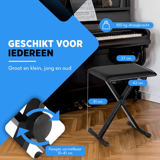 Finesse Pianokruk - Inklapbaar - in Hoogte Verstelbaar - met Kussen - Pianobank - Pianostoel - Zwart